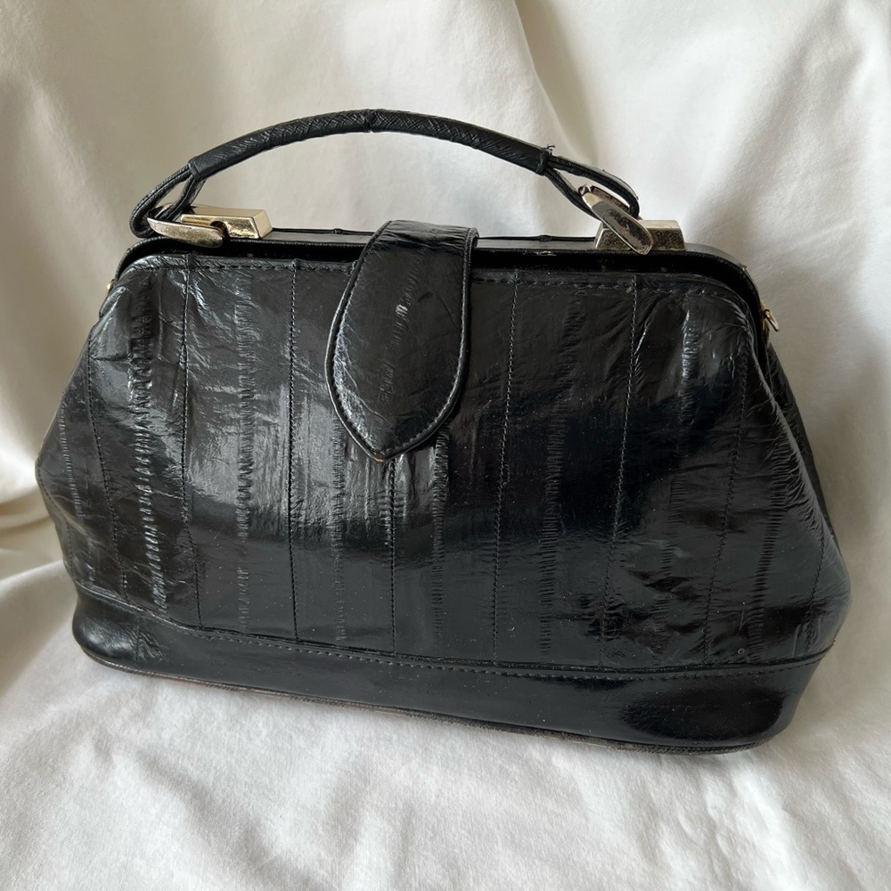 GENUINE EEL SKIN SMALL VINTAGE SATCHEL IN BLACK
